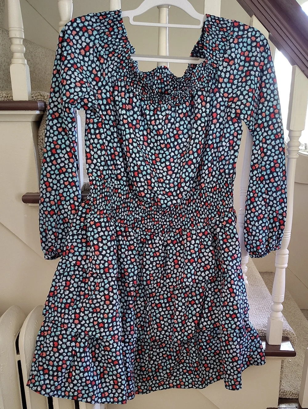 Michael Kors Navy Floral Smocked Waist Long Sleeve Dress